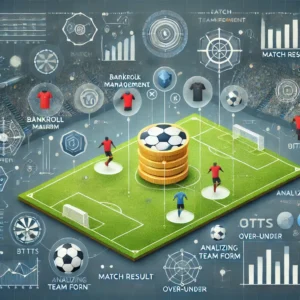 Infographic illustrating soccer betting strategies with a soccer field background, featuring icons for bankroll management, team form analysis, and betting markets like match result, BTTS, and Over/Under goals.