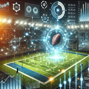 Futuristic football field with data analytics overlay for match predictions